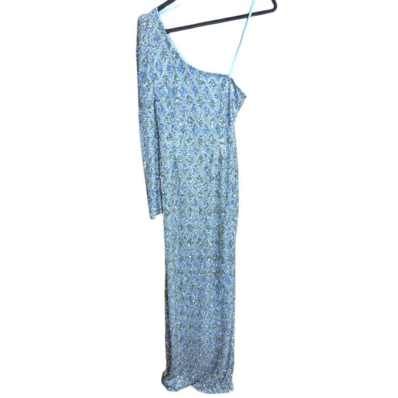 NWT Mac Duggal 5479 Blue Grey One Sleeve Sequin Maxi Dress Gown 8 - Picture 3 of 5